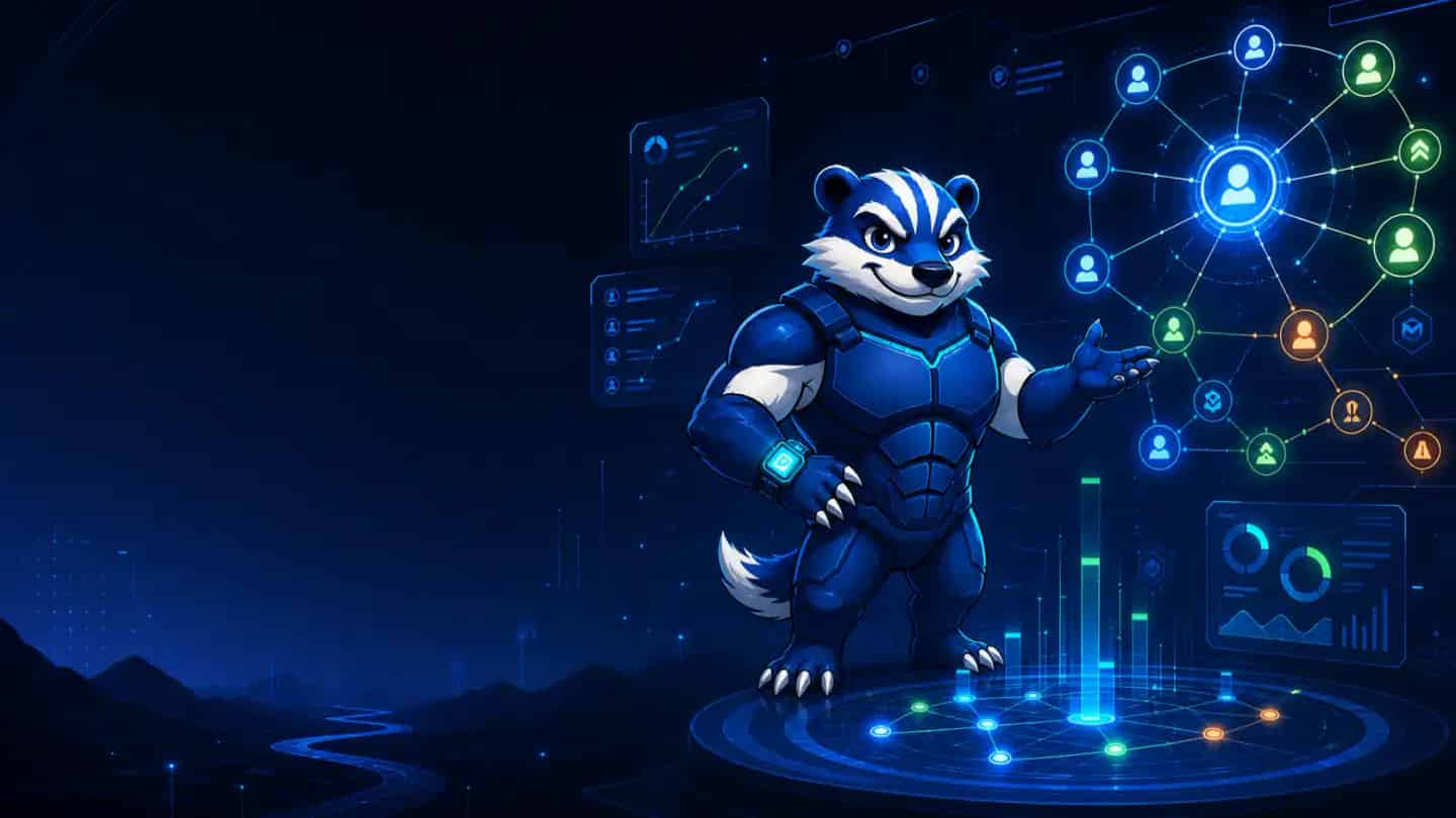 Goalbadger mascot beside a mentorship network dashboard and connected progress signals