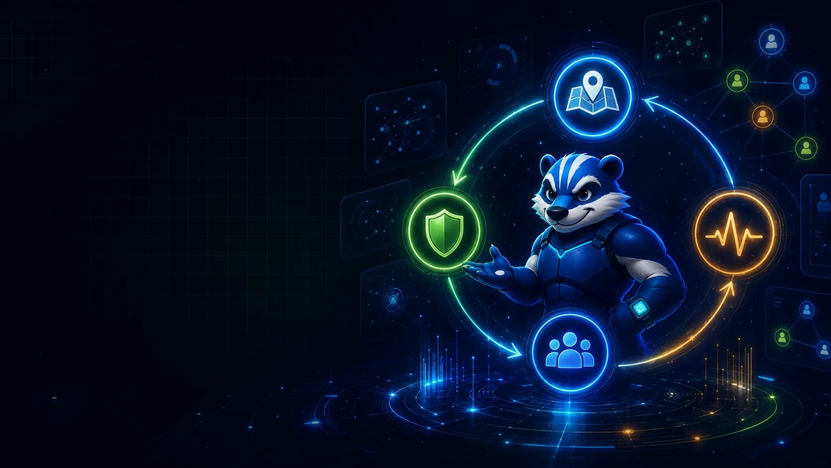 Goalbadger mascot presenting the four-step execution loop: map, protect, detect, and recover
